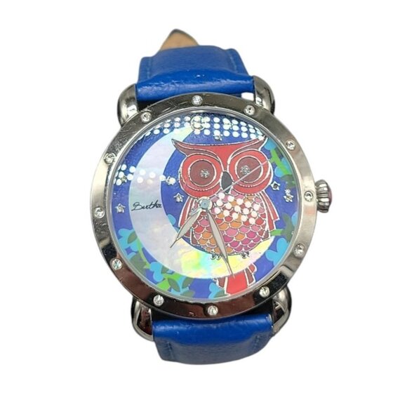 Bertha Ashley Owl Watch Crystal Bezel 38mm Silver Tone 7.5" Blue Leather Band - Picture 13 of 16